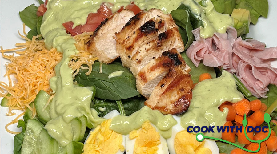 Spinach Cobb Salad with Green Goddess Avocado Dressing