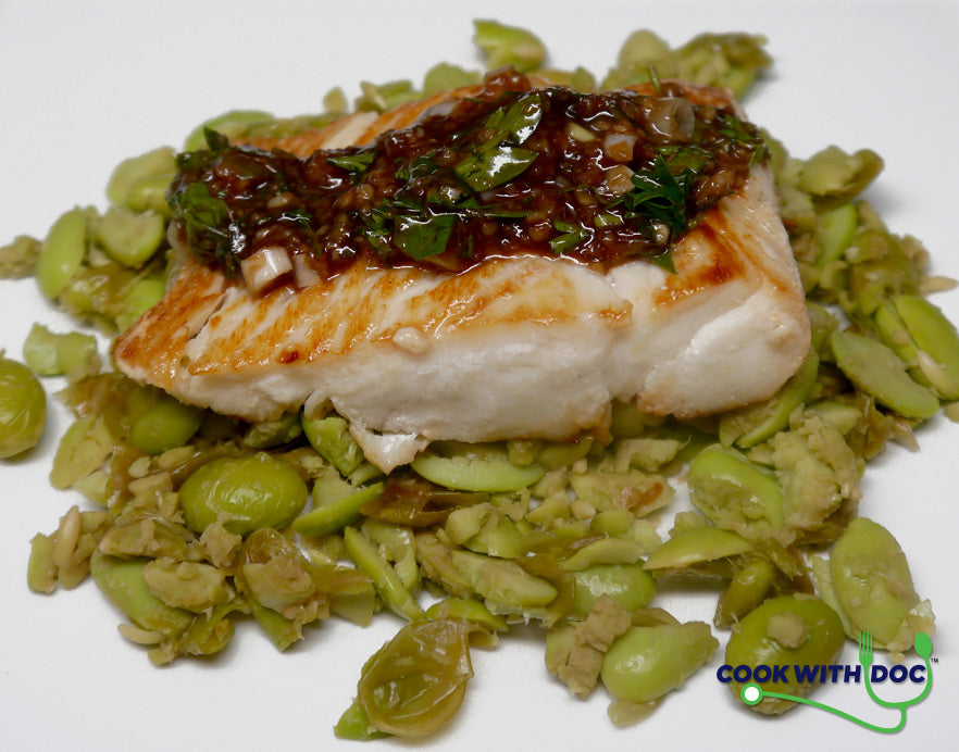 Asian Halibut over crushed Edamame